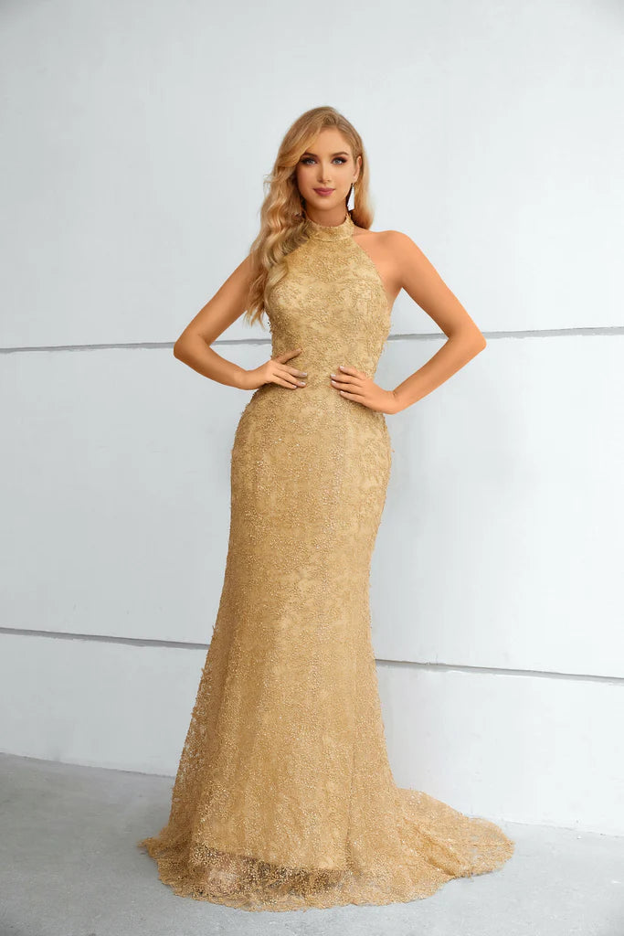 Wholesale Mermaid Halter Sleeveless Long Lace Prom Dress